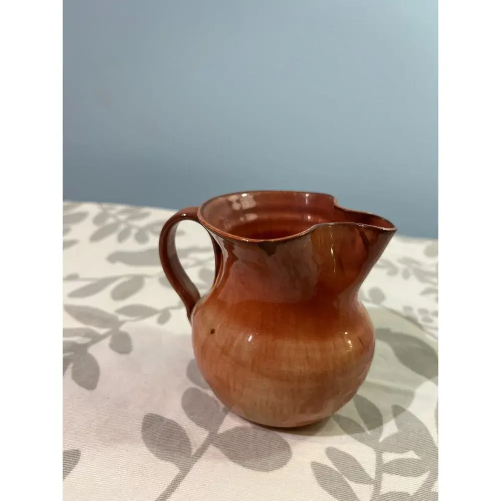 Hand Thrown Studio Pottery Creamer Brown Flambe Glaze Pitcher Signed 1986